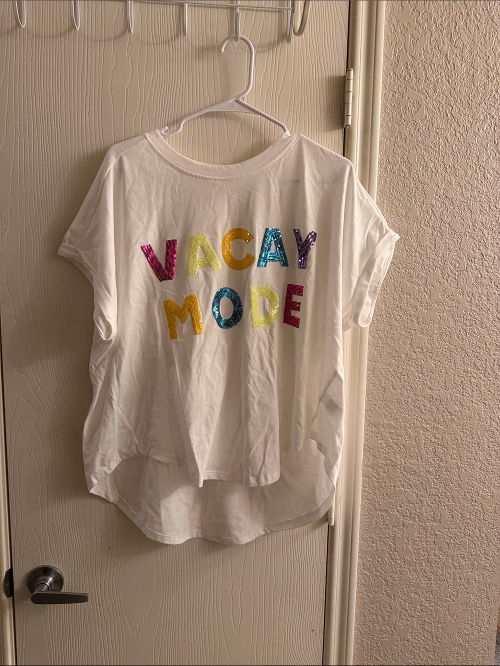 BiBi White Short Sleeve Tee with Multicolor Sequin "VACAY MODE"